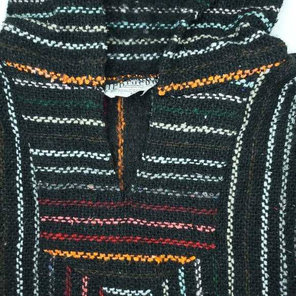 CienFuegos Baja Hoodie Men Medium Black Surfer Drug Rug Striped Pullover Poncho - Picture 2 of 6